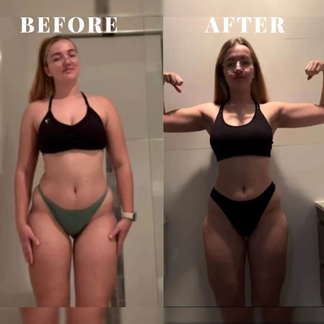MJ Fit transformation. Before-and-after: Woman in black sports bra/underwear.  Smiling before, flexing arms after. 