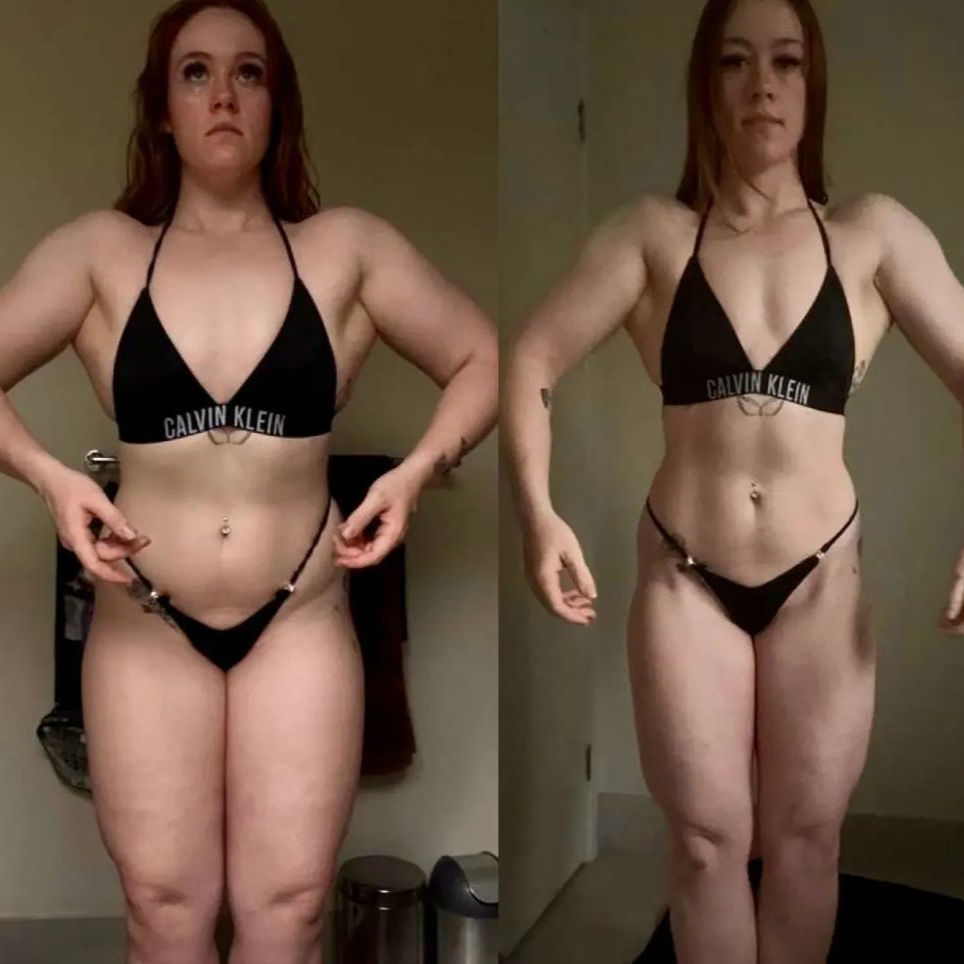 MJ Fit transformation. Before and after photos of a woman in a black bikini, flexing muscles. 