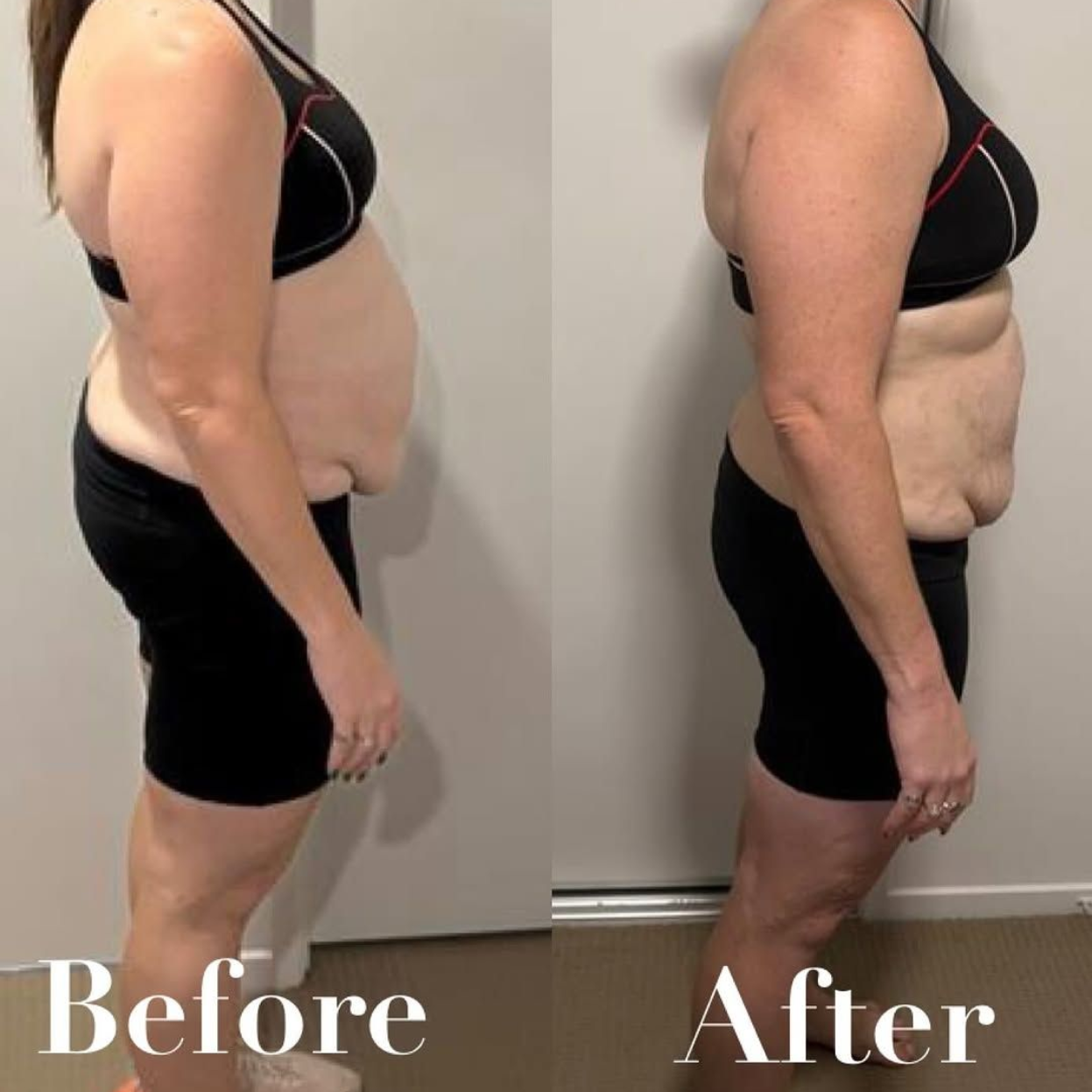 MJ Fit transformation. Side-by-side photos of a woman in athletic wear show before and after weight loss.