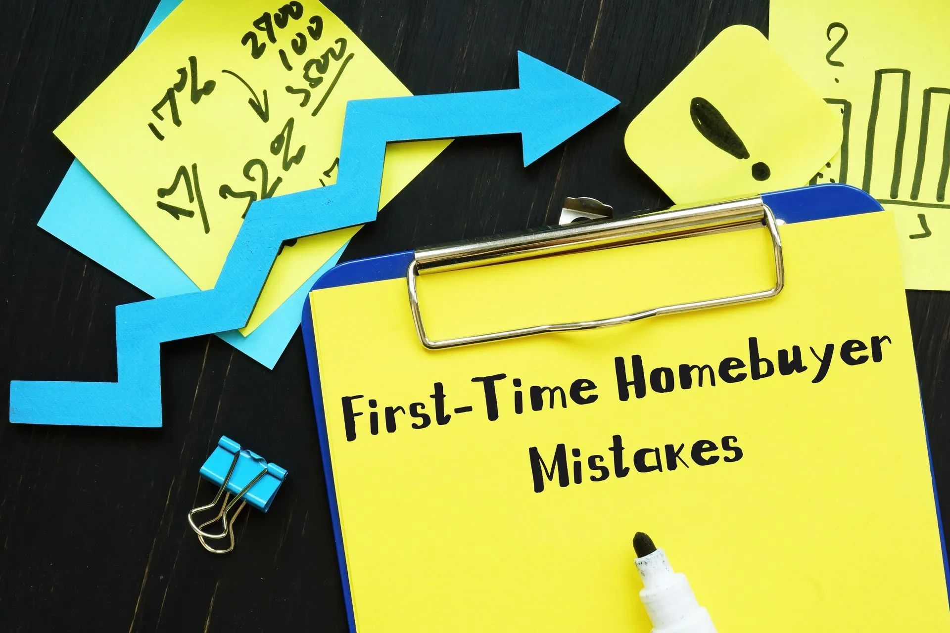 A clipboard with the words first time homebuyer mistakes written on it