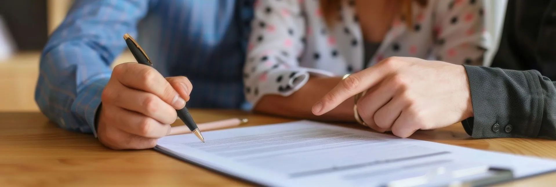 Couple working with a buyer's agent and signing a contract to buy a house