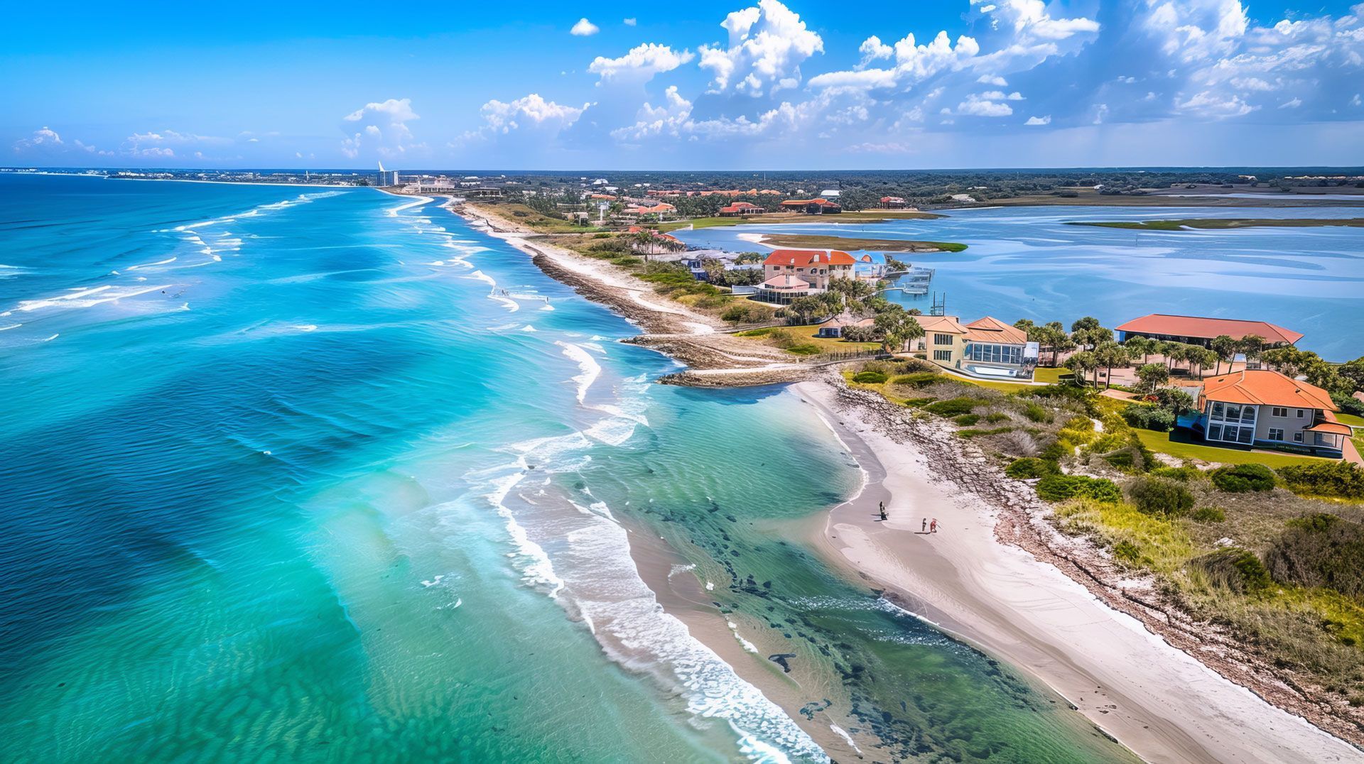 Aerial view of a sunny beach with turquoise water, sandy shoreline, buildings, and a breakwater.