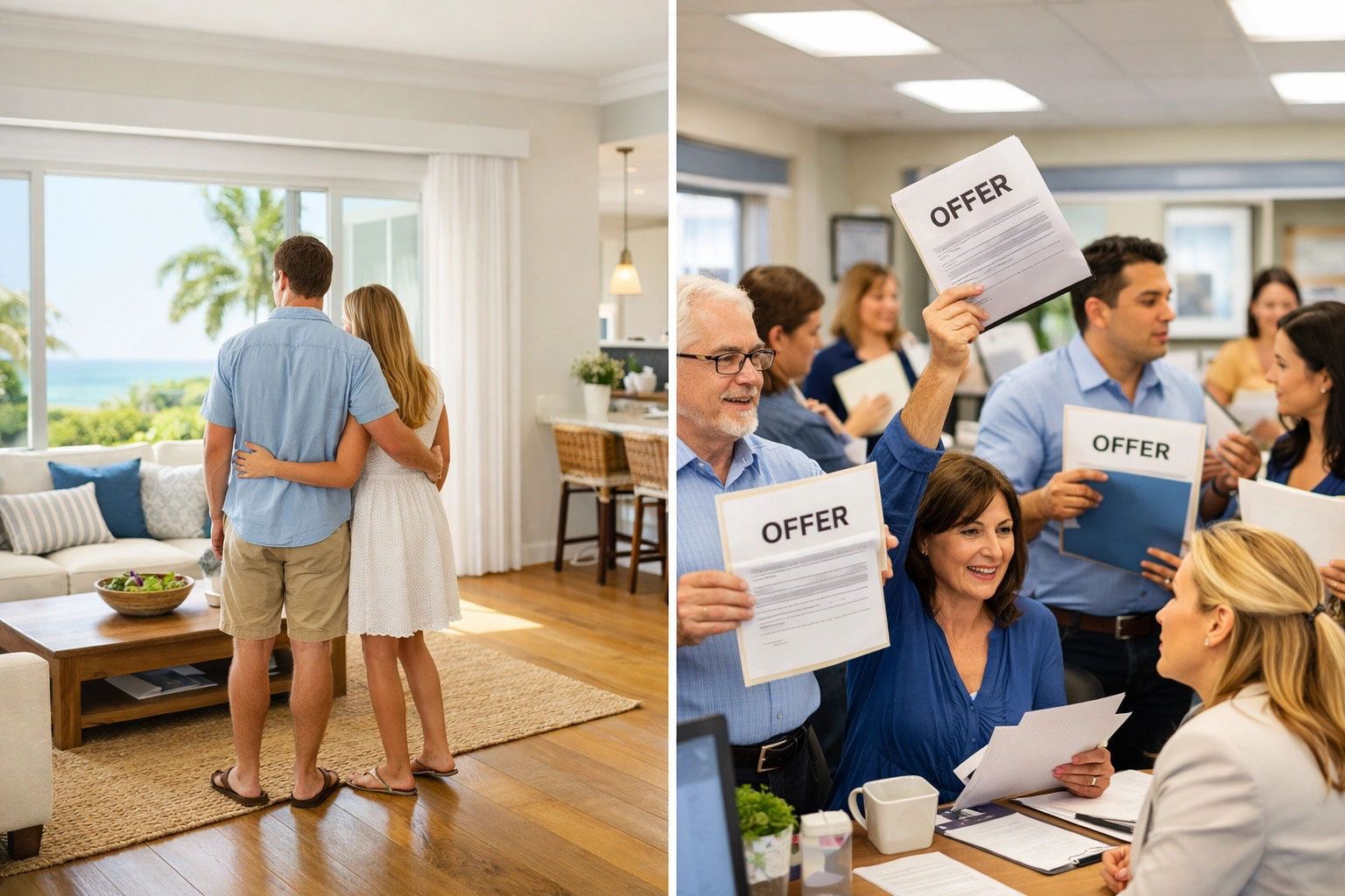 Couple looking at the ocean from a home, contrasting a group holding offer documents in an office.