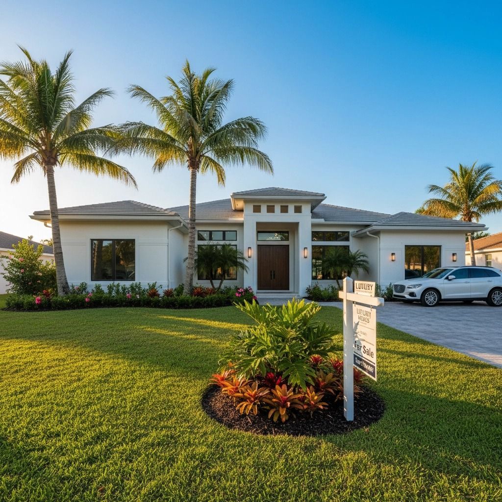 A modern, single-story house with palm trees, a well-manicured lawn, and a car in the driveway.