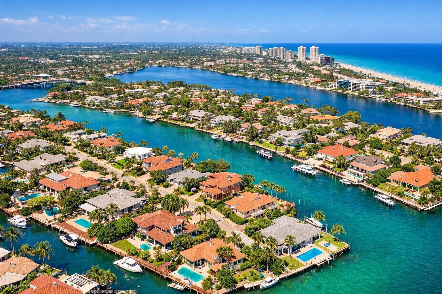 Aerial view of waterfront homes with docks and boats, canal, and ocean.