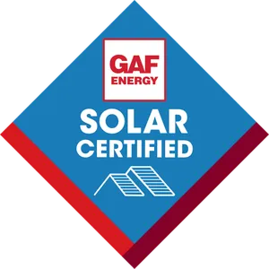 GAF Energy Solar Certified badge. Blue and red diamond with white text and logo: GAF Energy and a solar panel design.