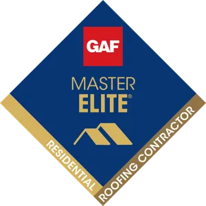 GAF Master Elite Residential Roofing Contractor logo: blue diamond with a red and white GAF logo, gold accents, and text.