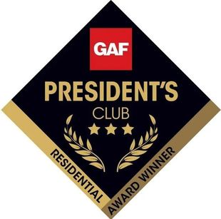 GAF President's Club award logo in black, gold, and red. Features stars, laurel wreaths, and text indicating a residential award winner.