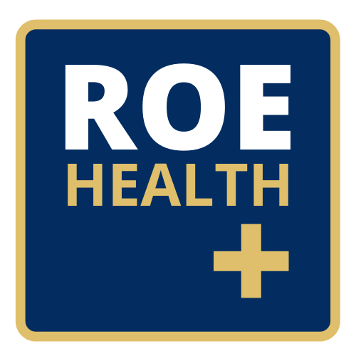 a blue sign that says roe health + on it