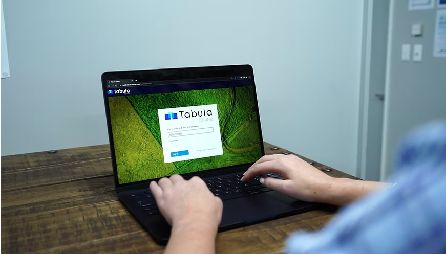 Person using a laptop with the Taboola website open. Hands typing on the keyboard. Wooden desk.