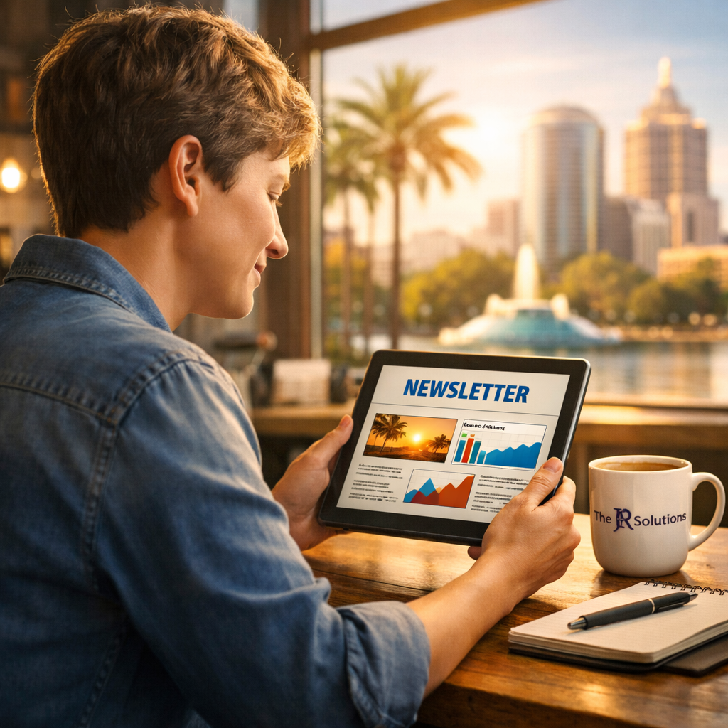 A person reading a newsletter on their tablet