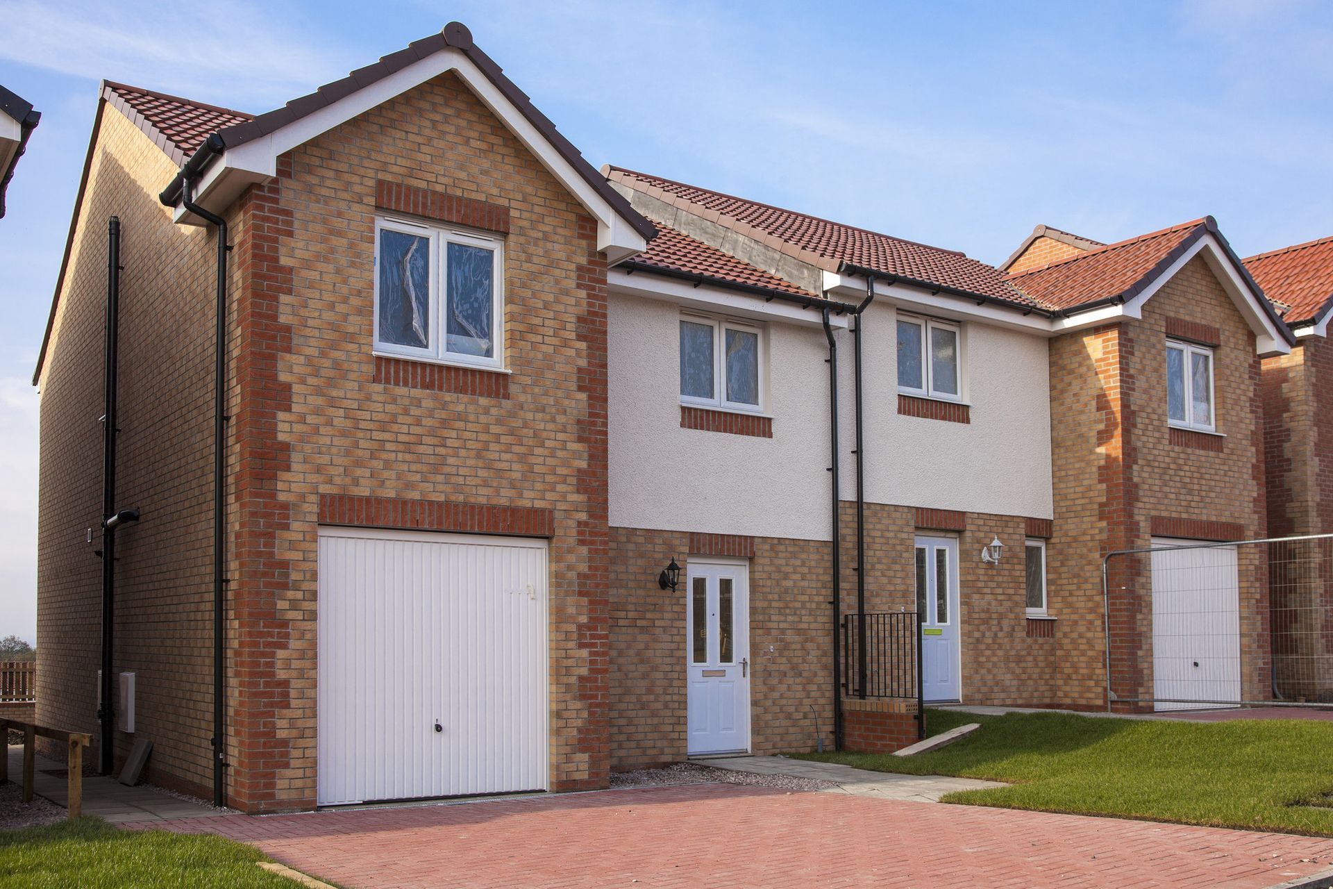 Two newly finished semi detached houses on a housing development in Central Scotland.