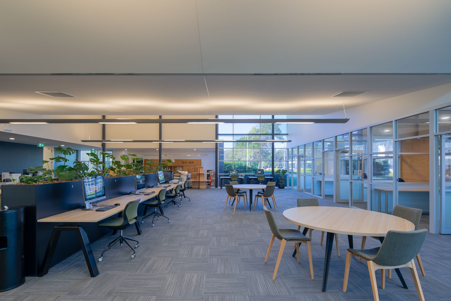 A large office with tables and chairs and a lot of windows.