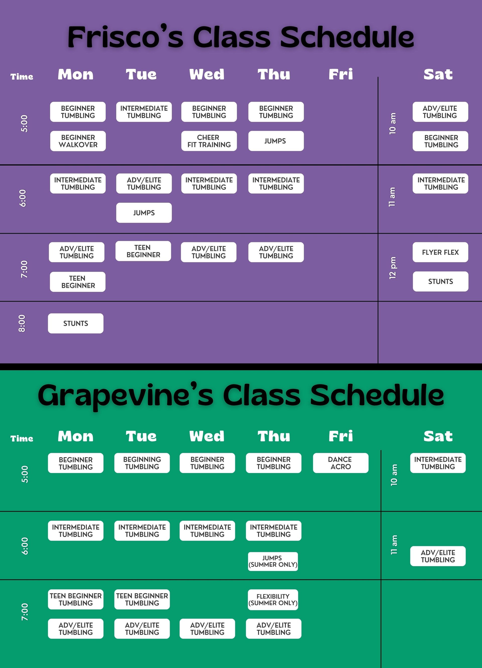 Tumble and Stunt Class Schedule for Frisco and Grapevine locations