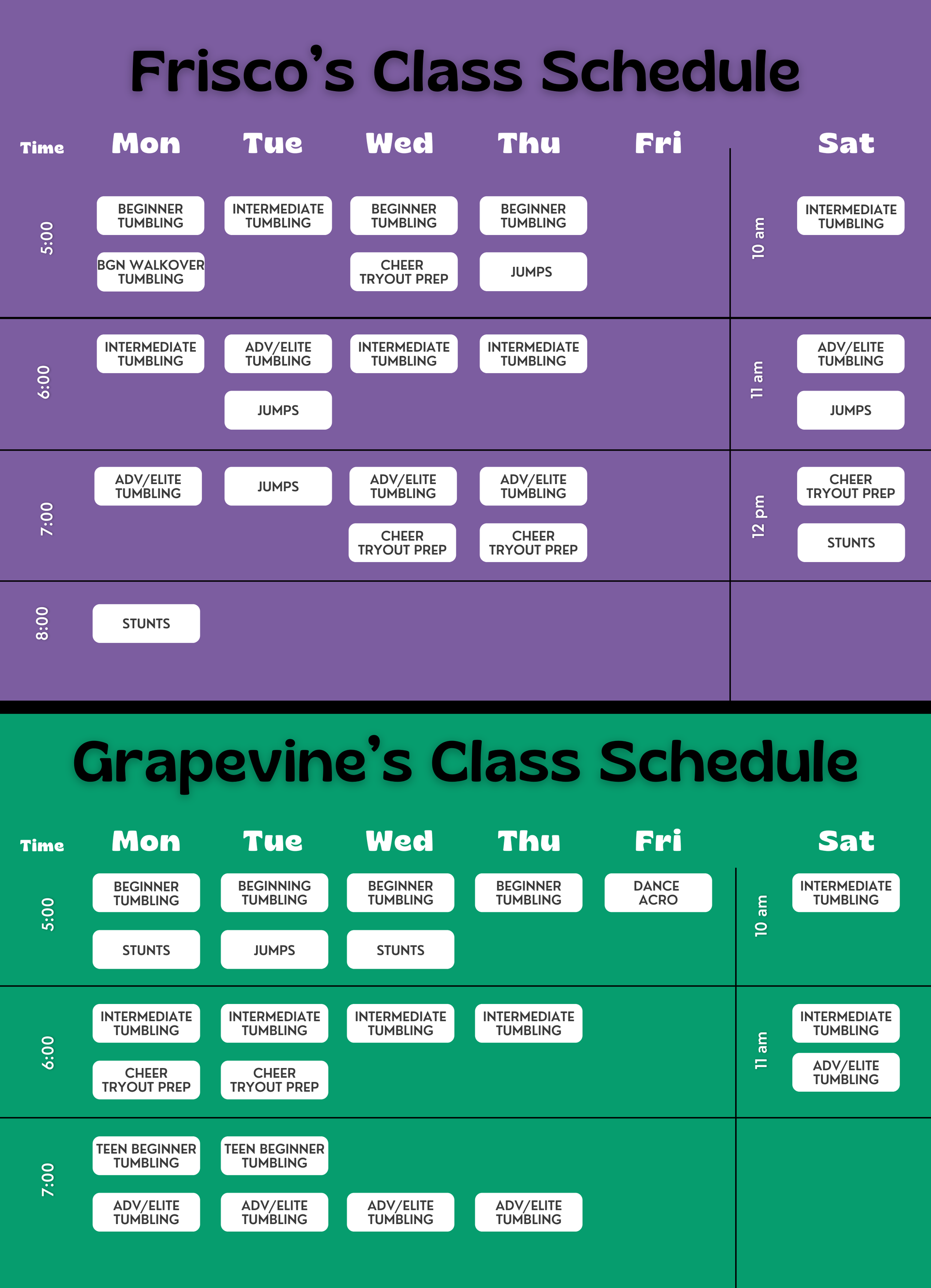 Tumble and Stunt Class Schedule for Frisco and Grapevine locations