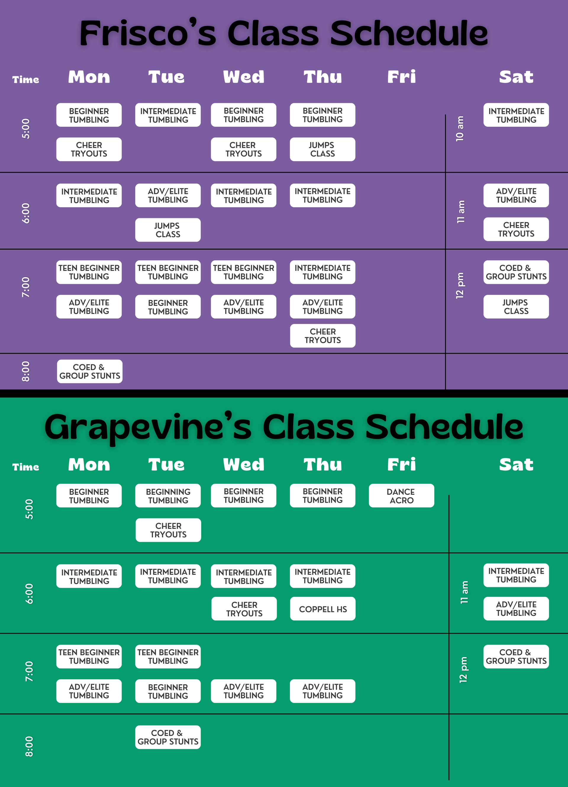 Tumble and Stunt Class Schedule for Frisco and Grapevine locations