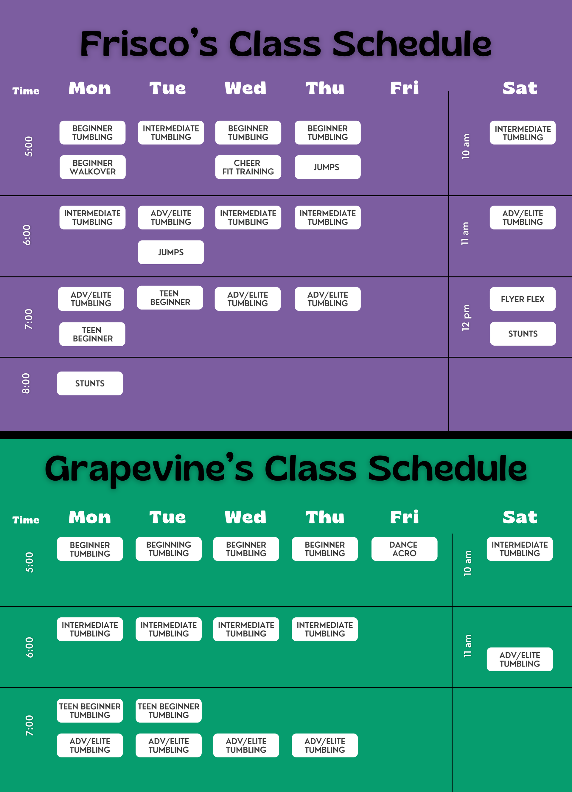 Tumble and Stunt Class Schedule for Frisco and Grapevine locations