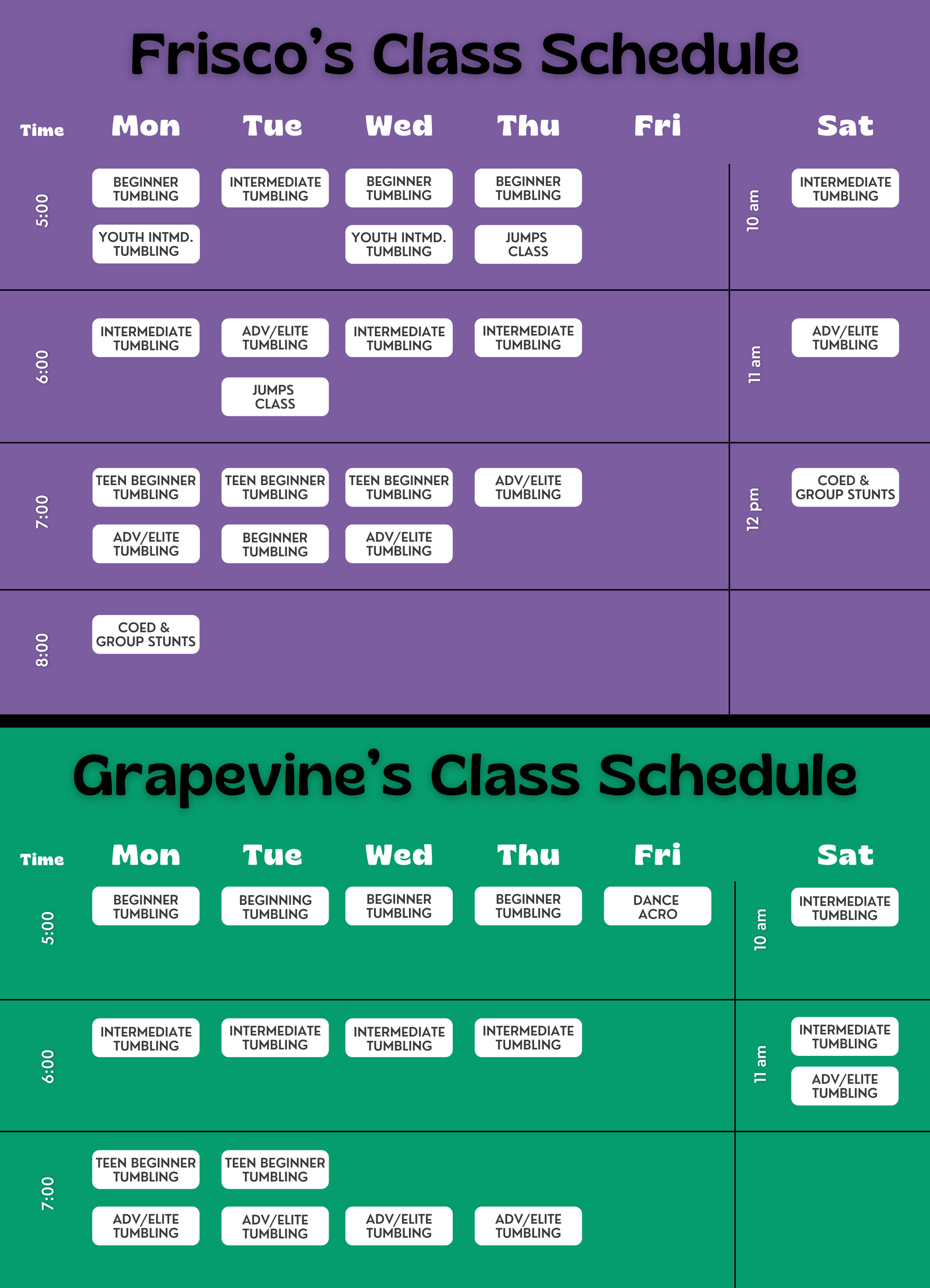 Tumble and Stunt Class Schedule for Frisco and Grapevine locations