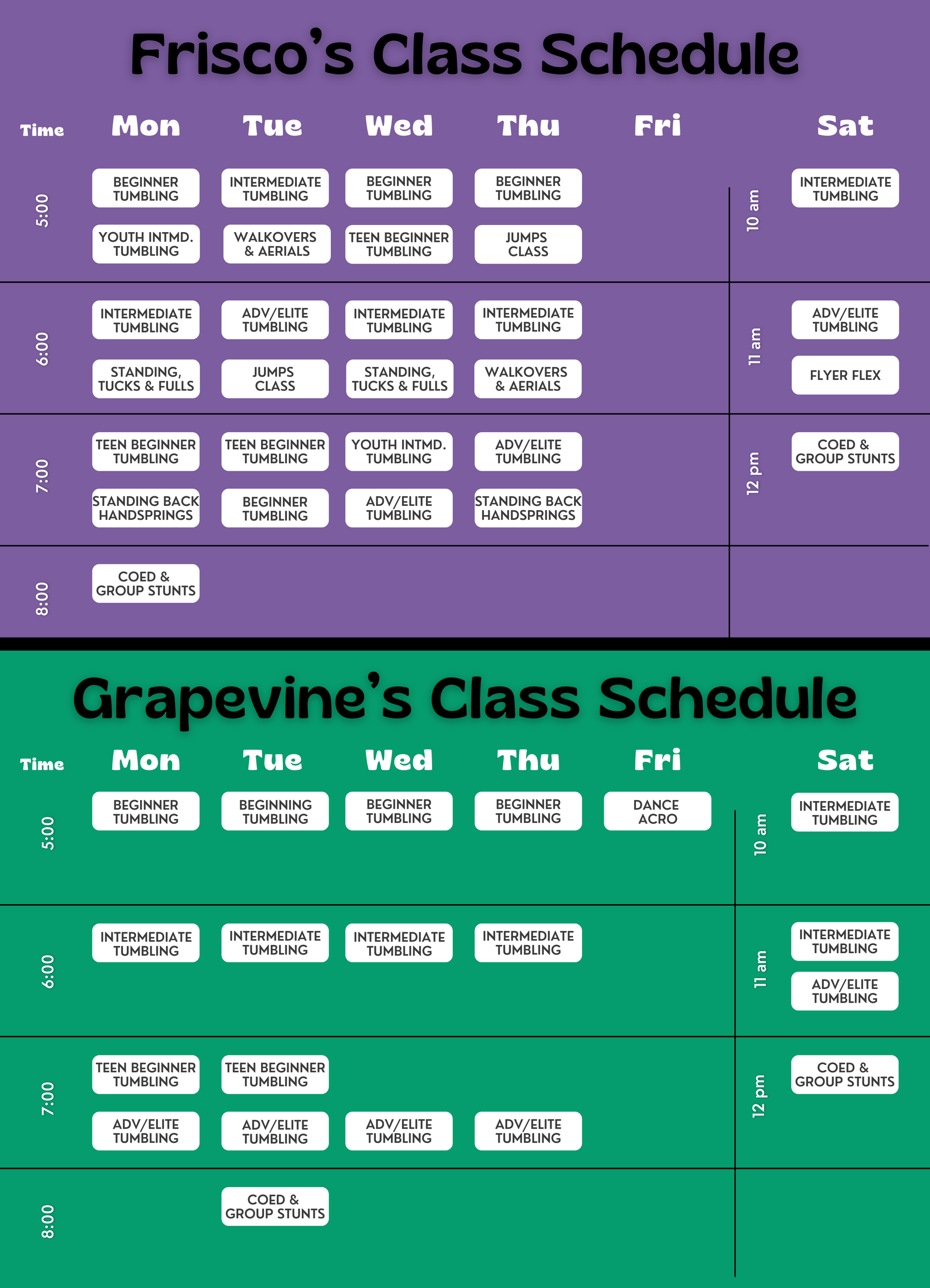 Tumble and Stunt Class Schedule for Frisco and Grapevine locations