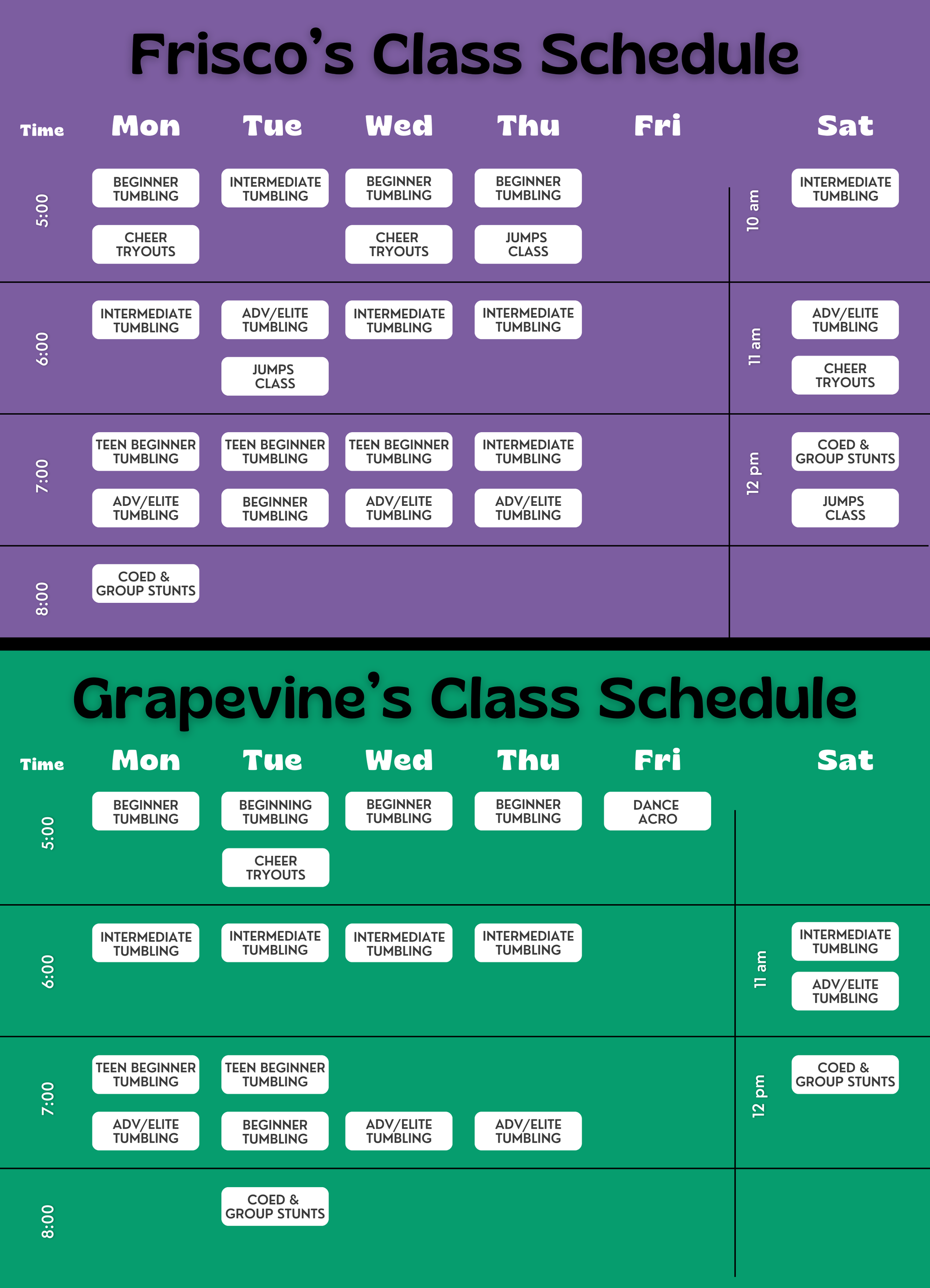 Tumble and Stunt Class Schedule for Frisco and Grapevine locations