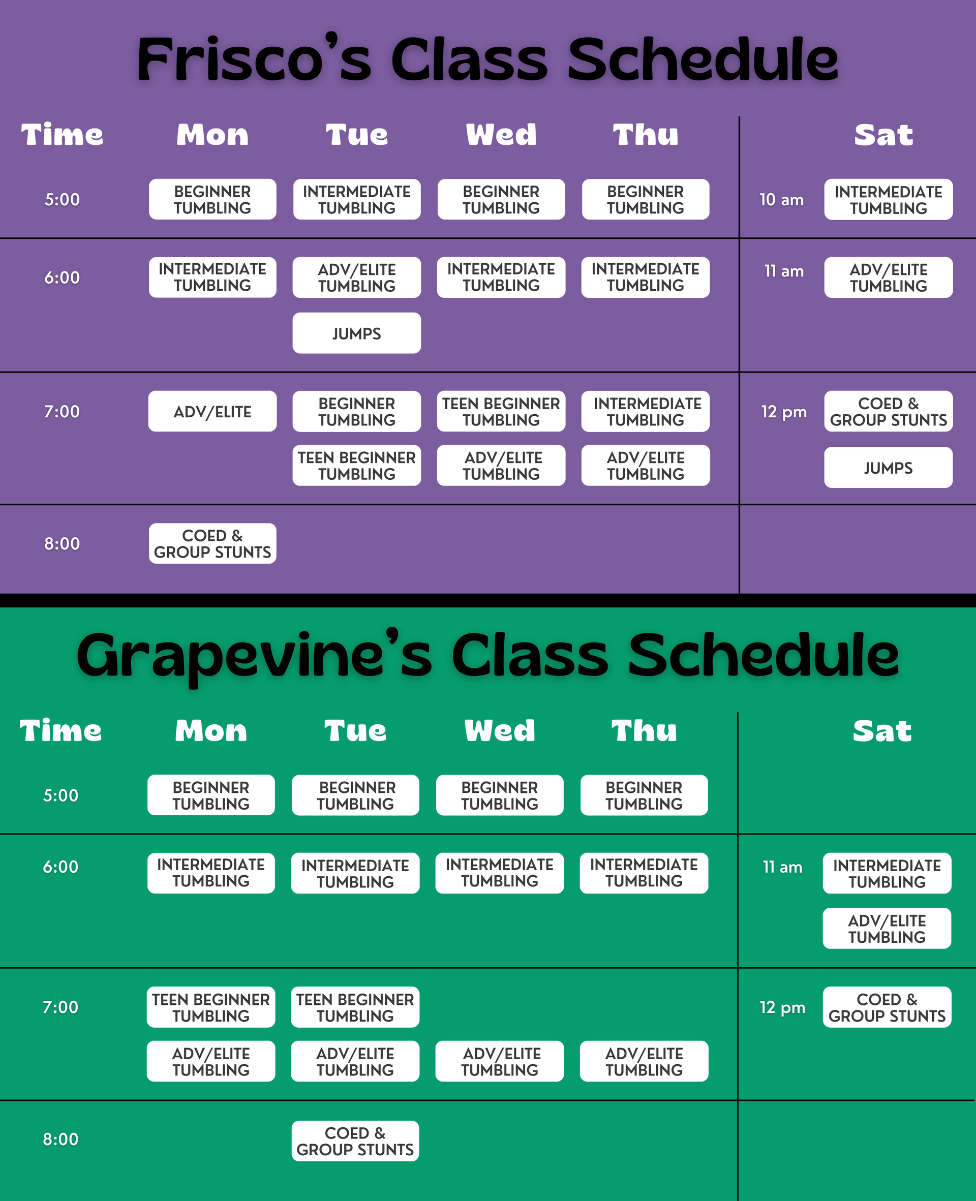 Tumble and Stunt Class Schedule for Frisco and Grapevine