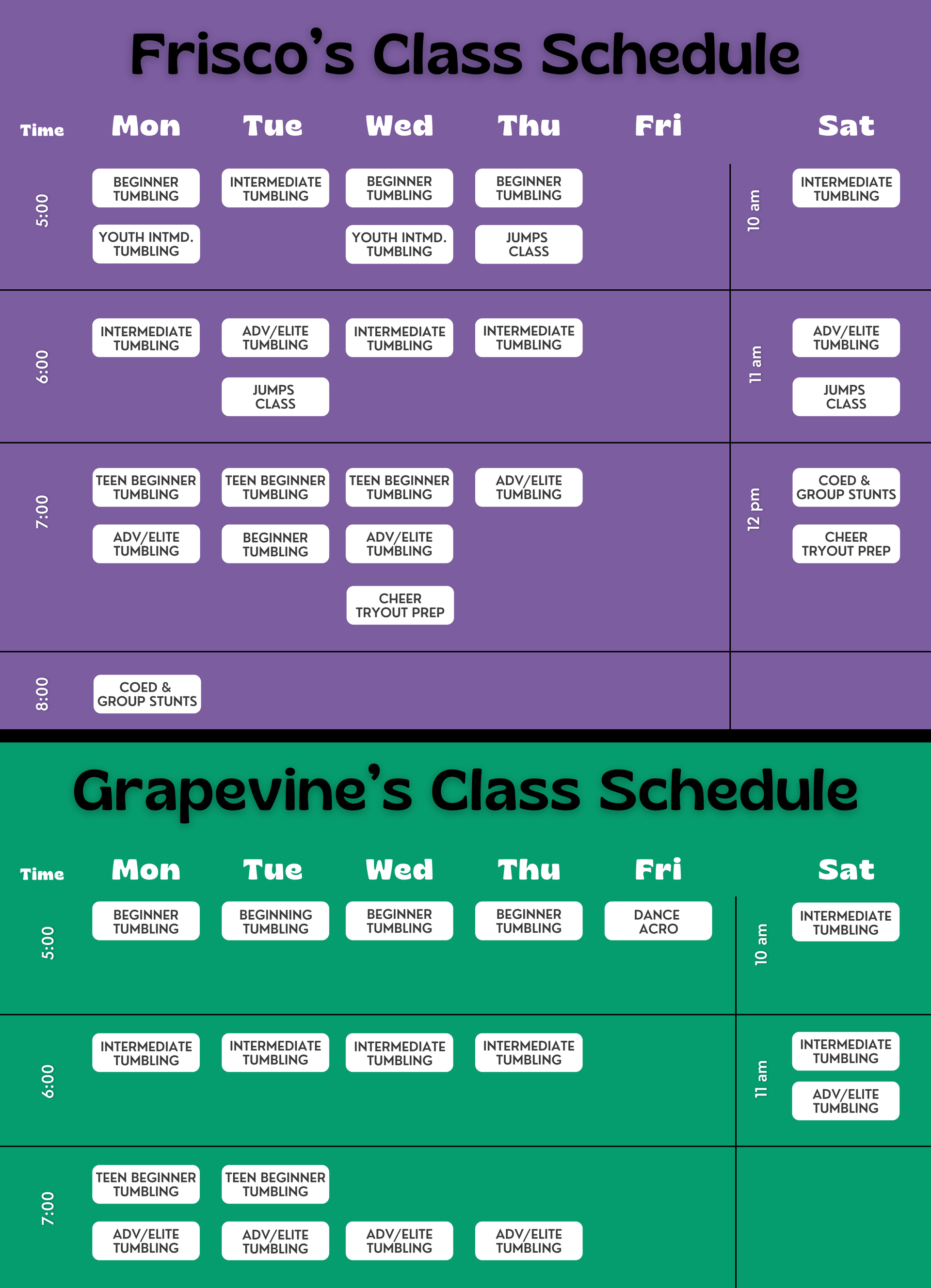 Tumble and Stunt Class Schedule for Frisco and Grapevine locations