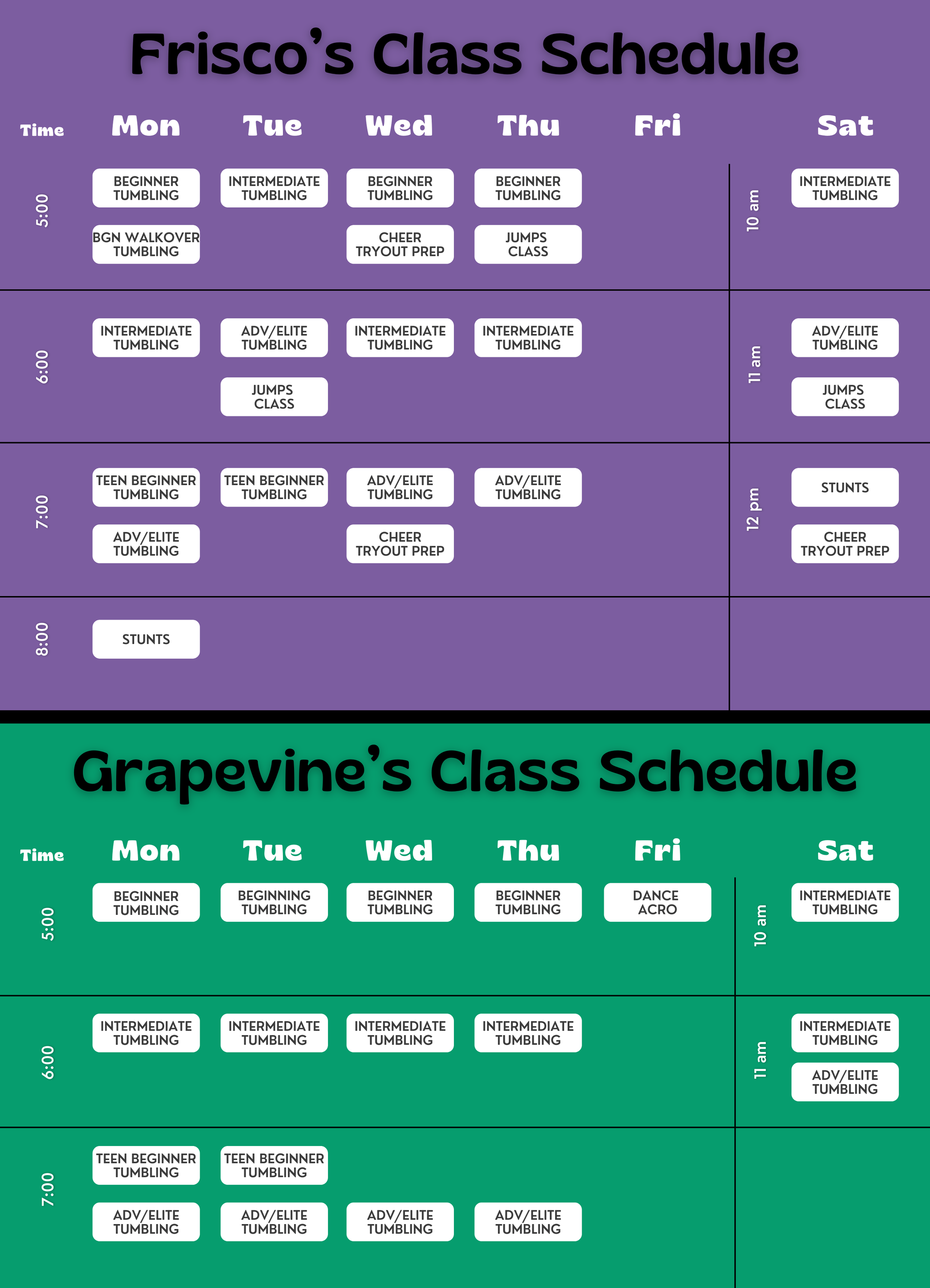 Tumble and Stunt Class Schedule for Frisco and Grapevine locations