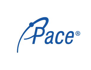 Blue image reads Pace with a stylized swoosh behind the P, and a Registration mark.