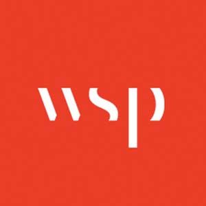 A white logo on a red background that says wsp.