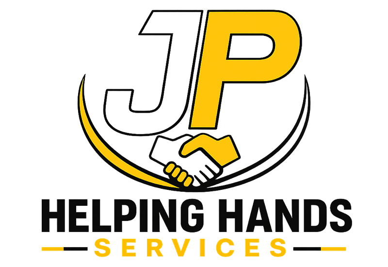 JP Helping Hands Services logo with handshake icon in black, yellow, and white
