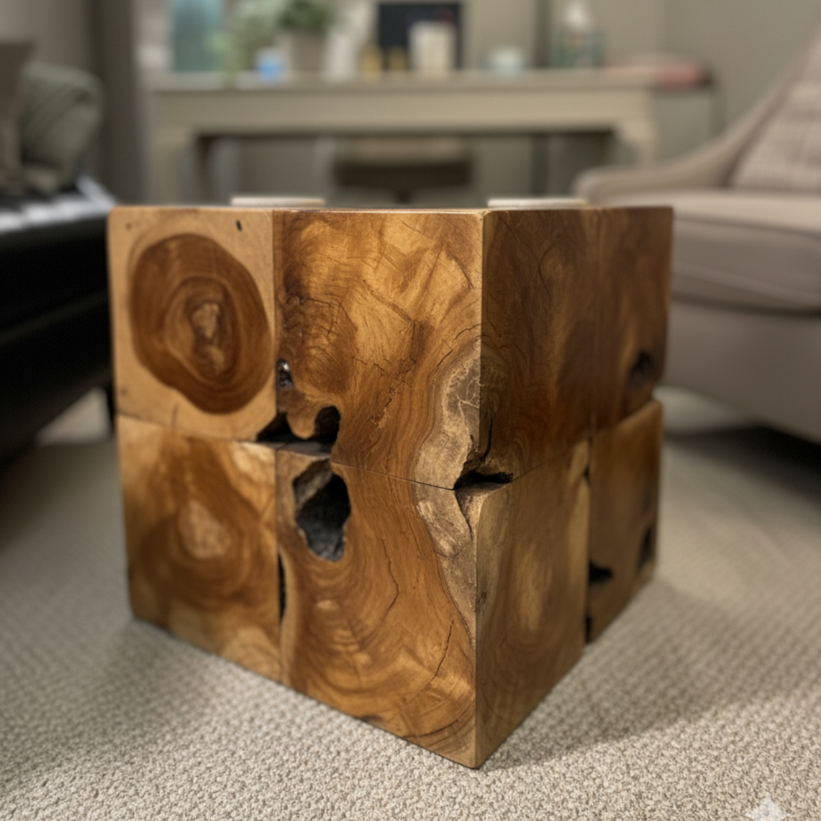 Woman with blonde hair smiles, holding a mug, facing another person out of view, near a window.