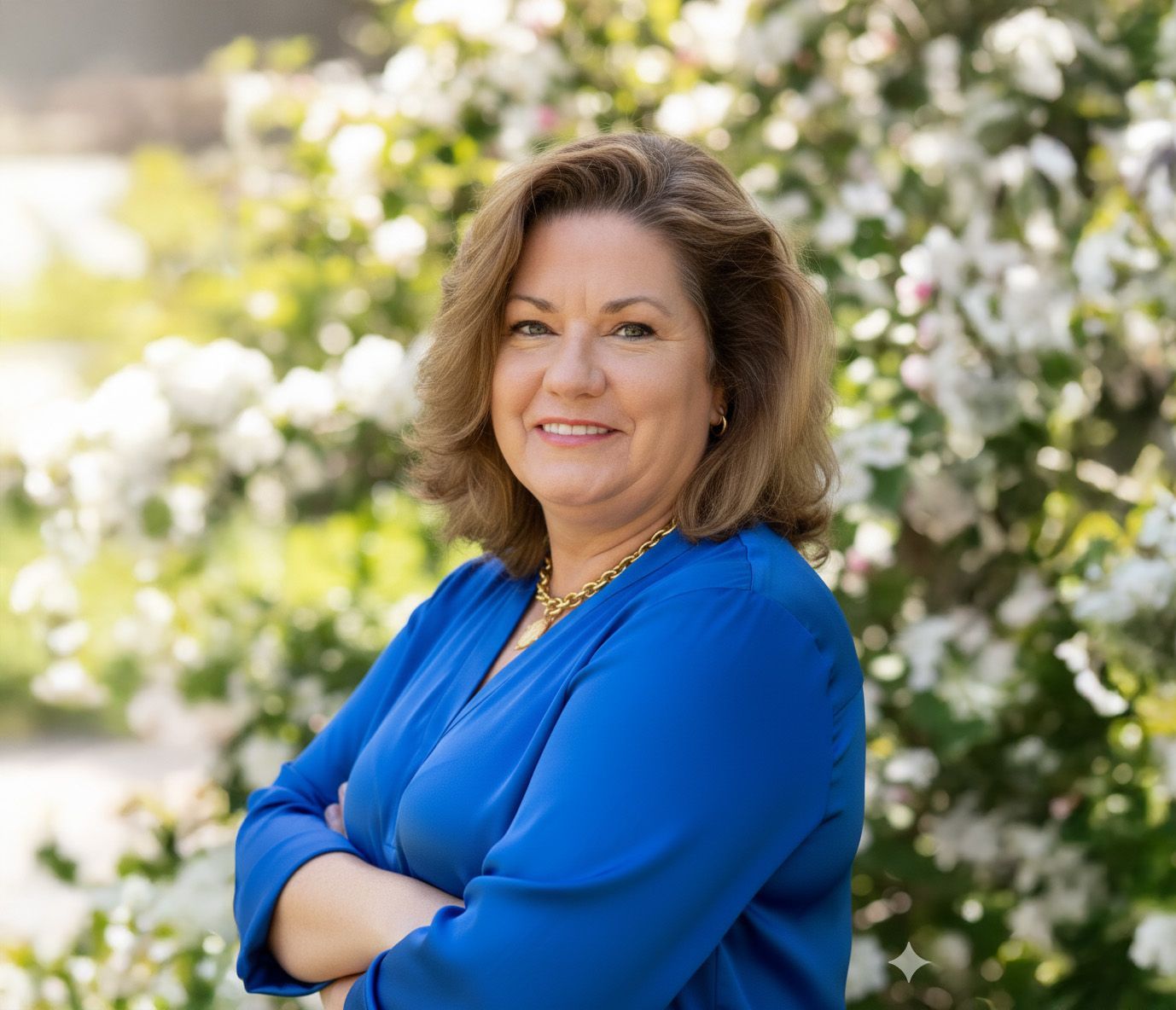 Woman in blue shirt smiles, arms crossed, in front of white flowers.