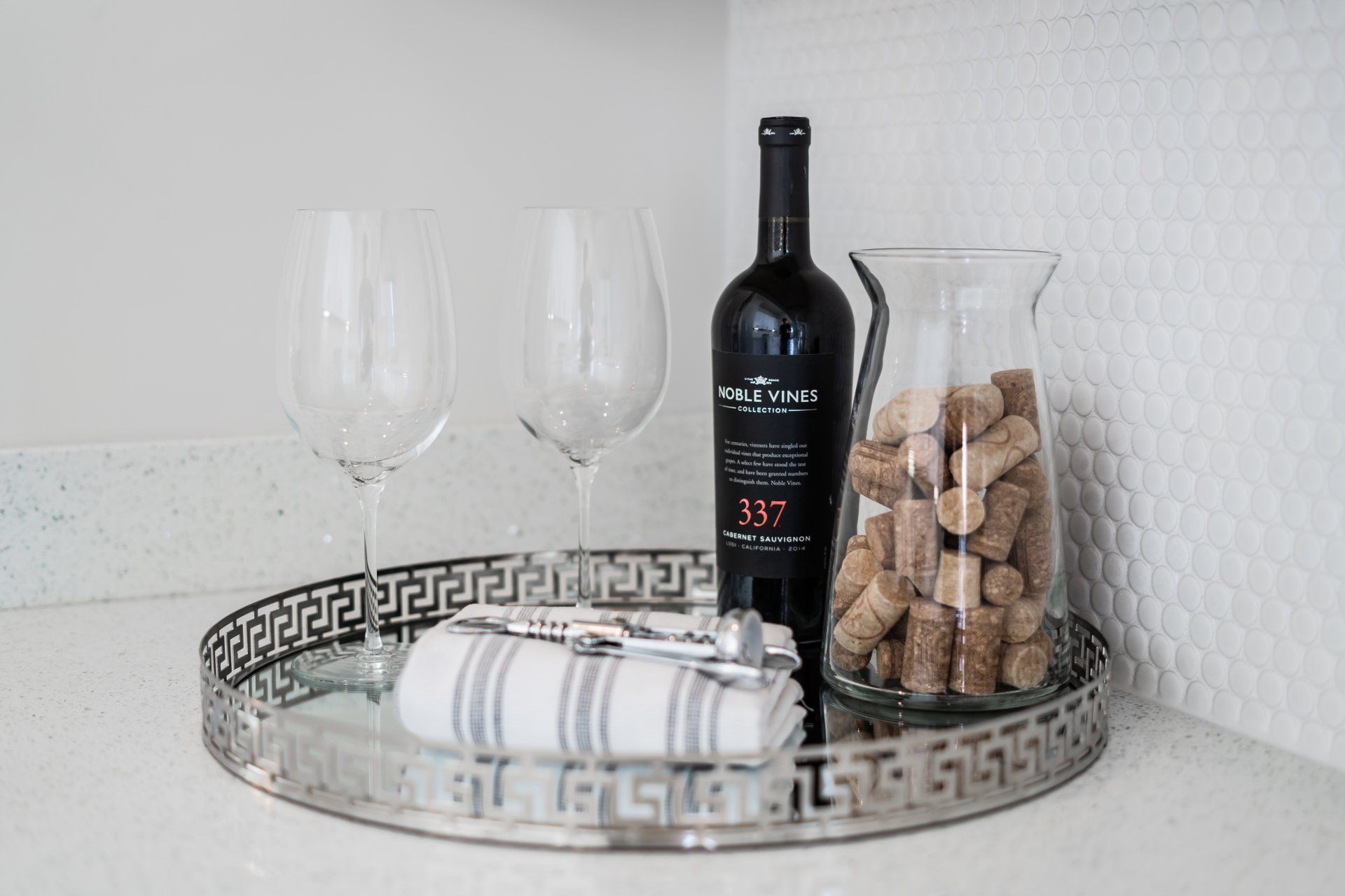 Product Shot of Wine and glasses on a white kitchen countertop, Chattanooga Product Photographer