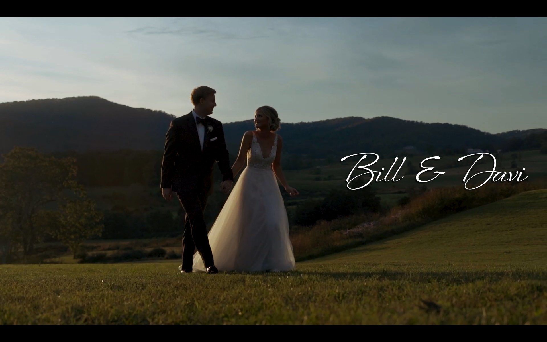 Bride and Groom walking and enjoying the sunset on their wedding day at Pippin Hill Farm & Vineyard near Charlottesville, VA, Charlottesville Wedding Videographer