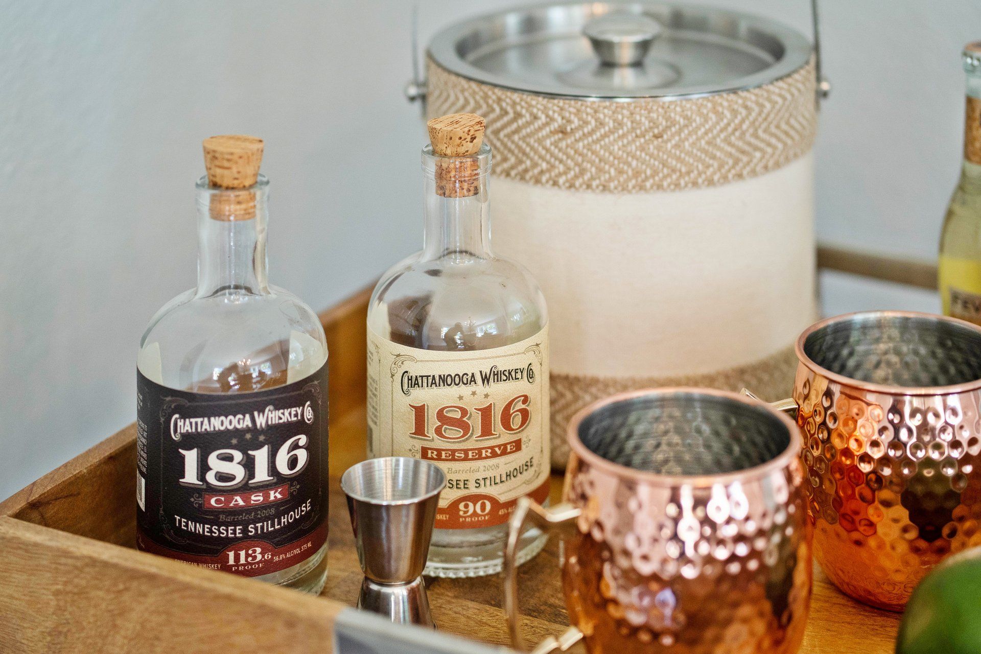 Bar Cart with Chattanooga Whisky and copper mugs, Chattanooga Product Photographer