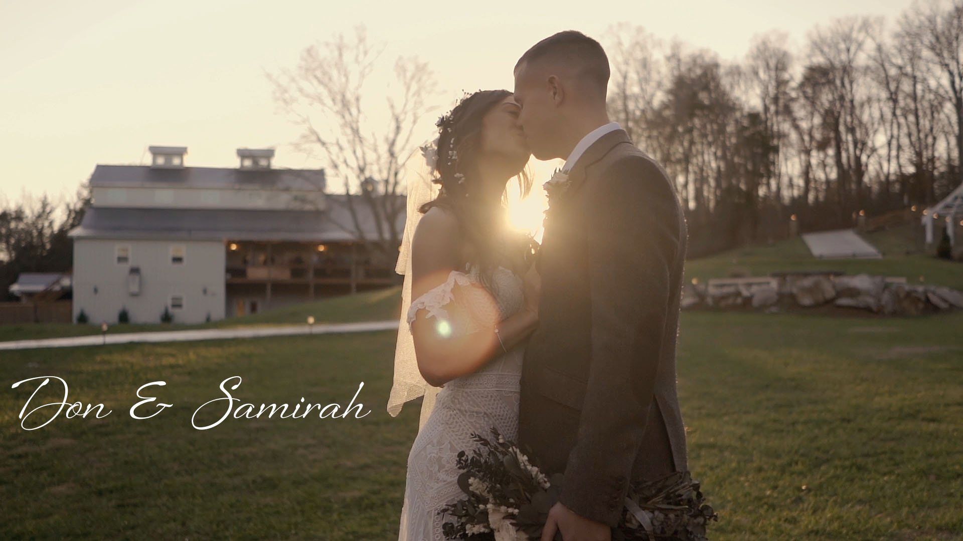 Bride and Groom kissing on the grounds of  Ramble Creek Vineyard at sunset, Chattanooga & Knoxville Wedding Videographer