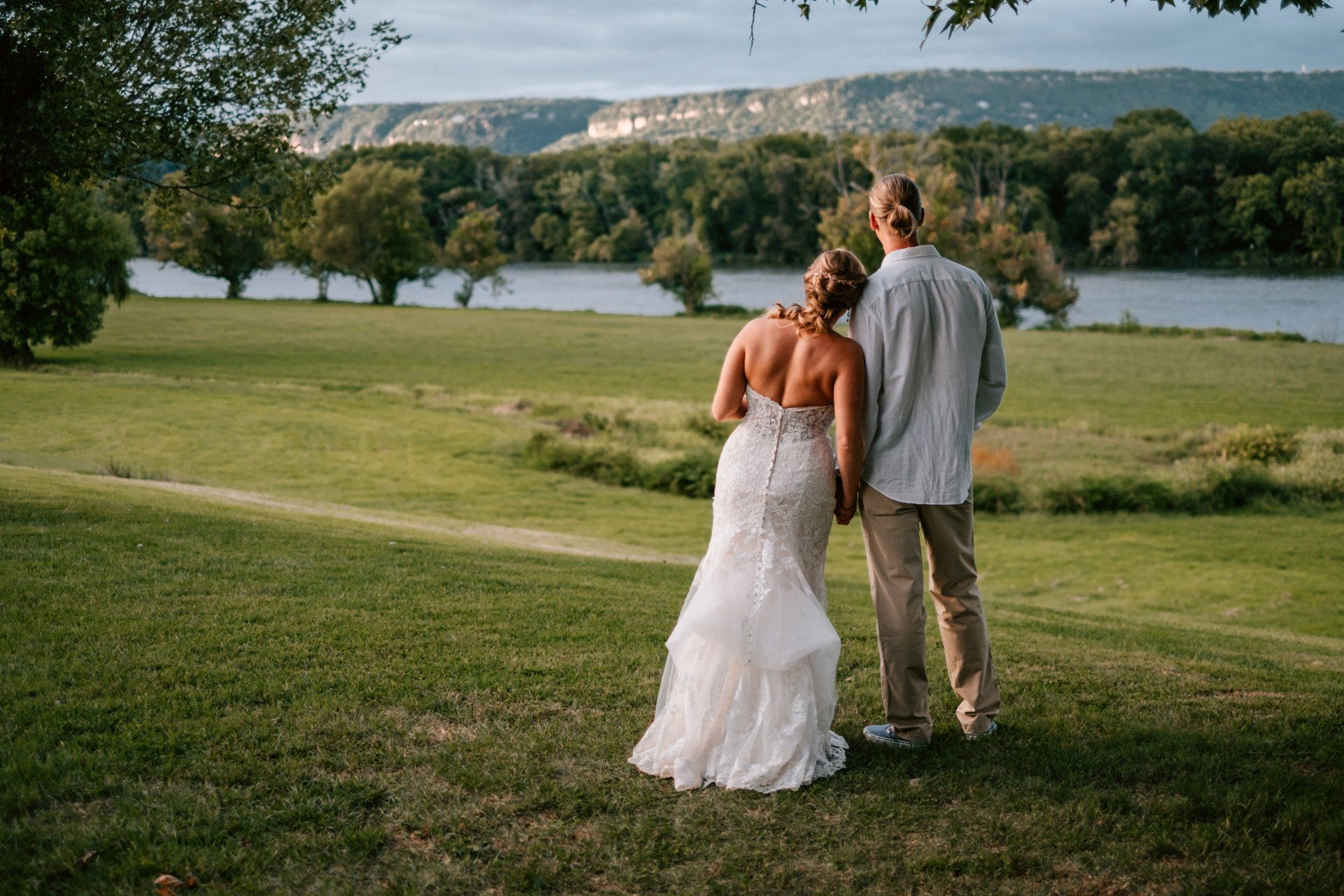 Bride and Groom watching the sunset along the Tennessee River, Chattanooga Wedding Photographer