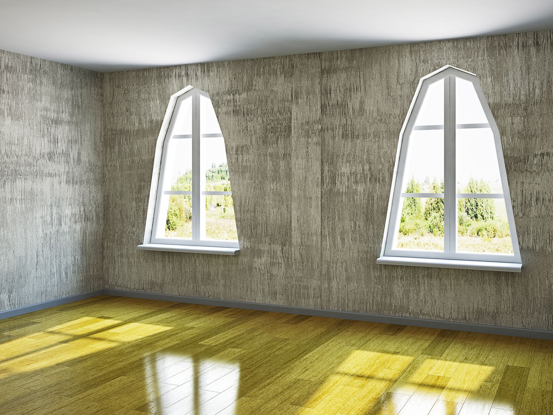 an empty room with arched windows and a wooden floor