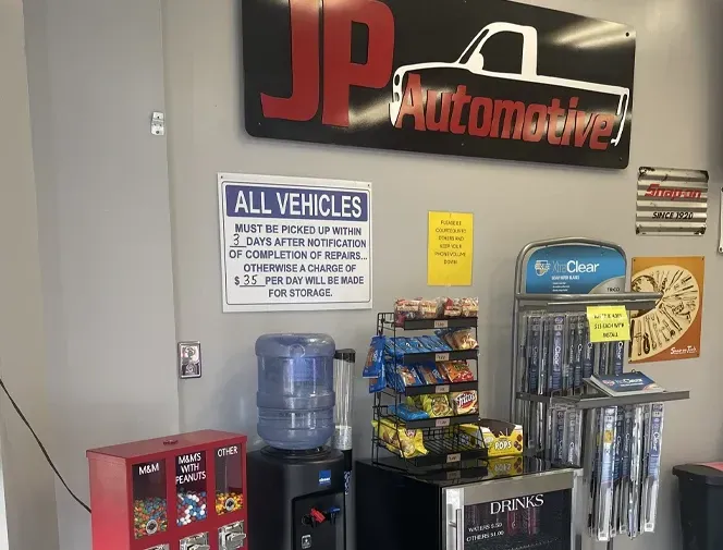 Inside our Shop, with refreshments such as snacks and water | JP Automotive & Repair LLC