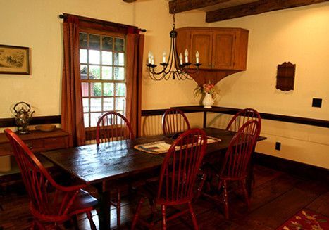 Dining room with dark wooden table, red chairs, window with red curtains, and antique decor
