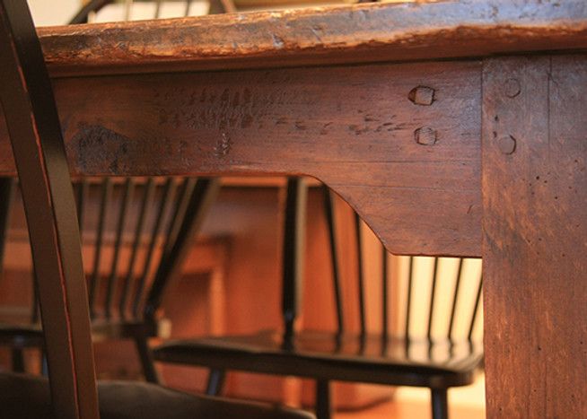 Close-up of a wooden table leg, showing the joinery and the rough texture of the wood