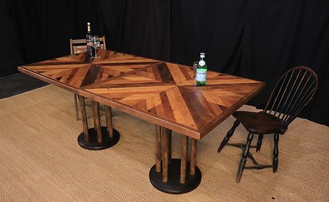 Wooden dining table with geometric pattern, set for dining
