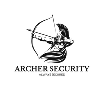 Een Spartaanse boogschutter met pijl en boog, klaar om te schieten. Het logo van Archer Security, met de slogan