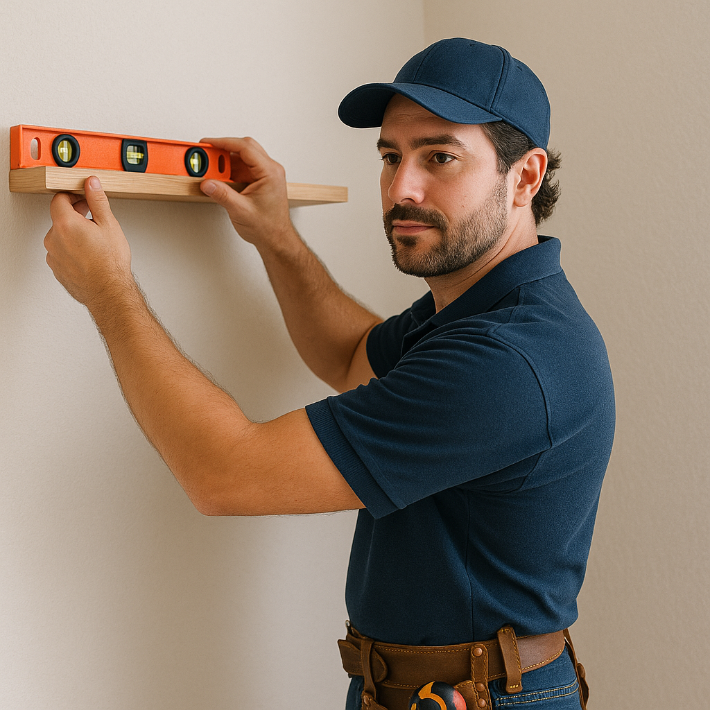 A man is measuring a shelf with an orange level