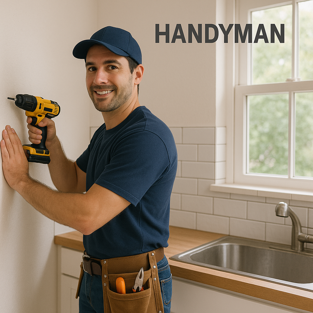 A man is holding a drill and smiling in a kitchen.