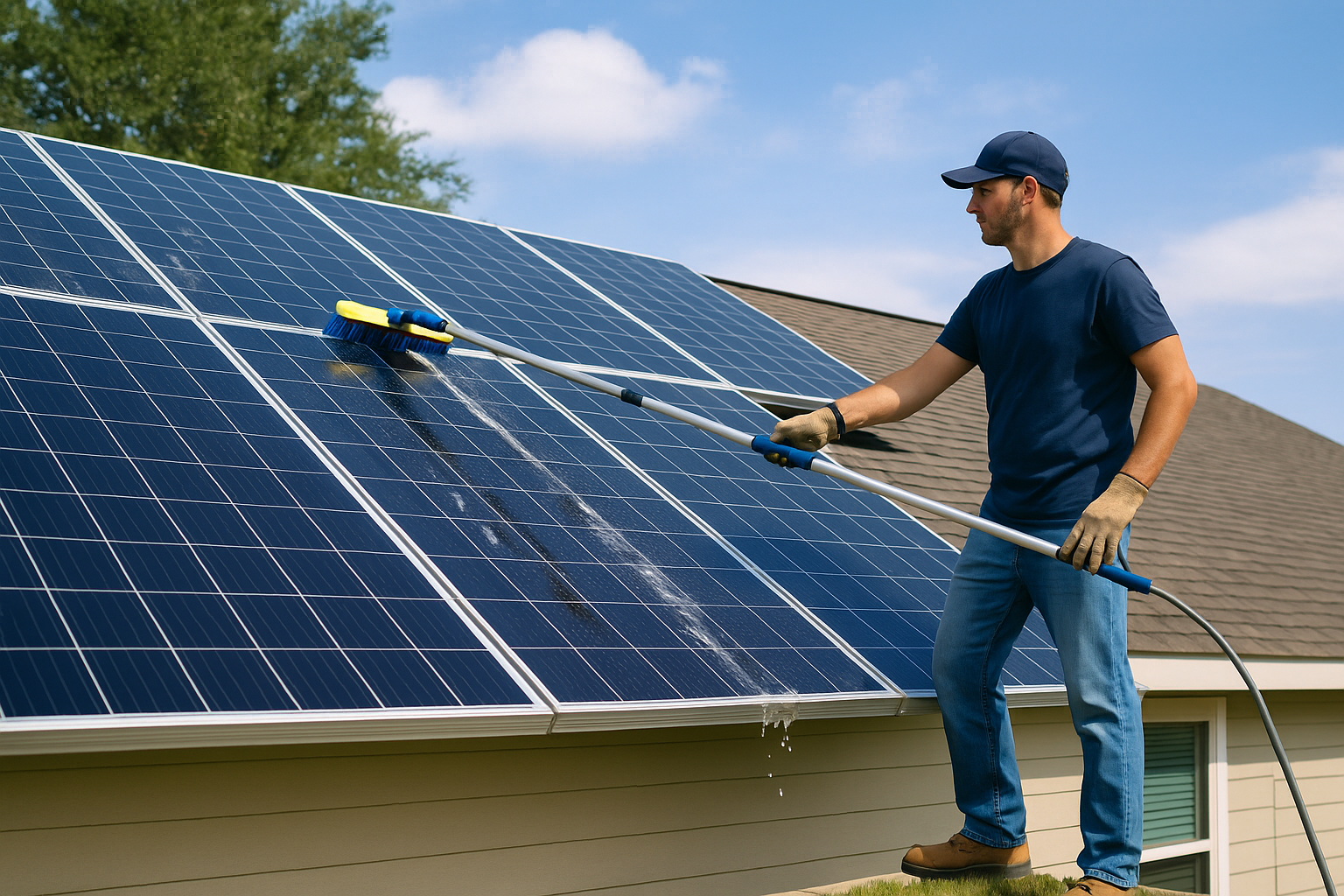 Man cleaning solar panels on a house roof with a long-handled brush and water hose.