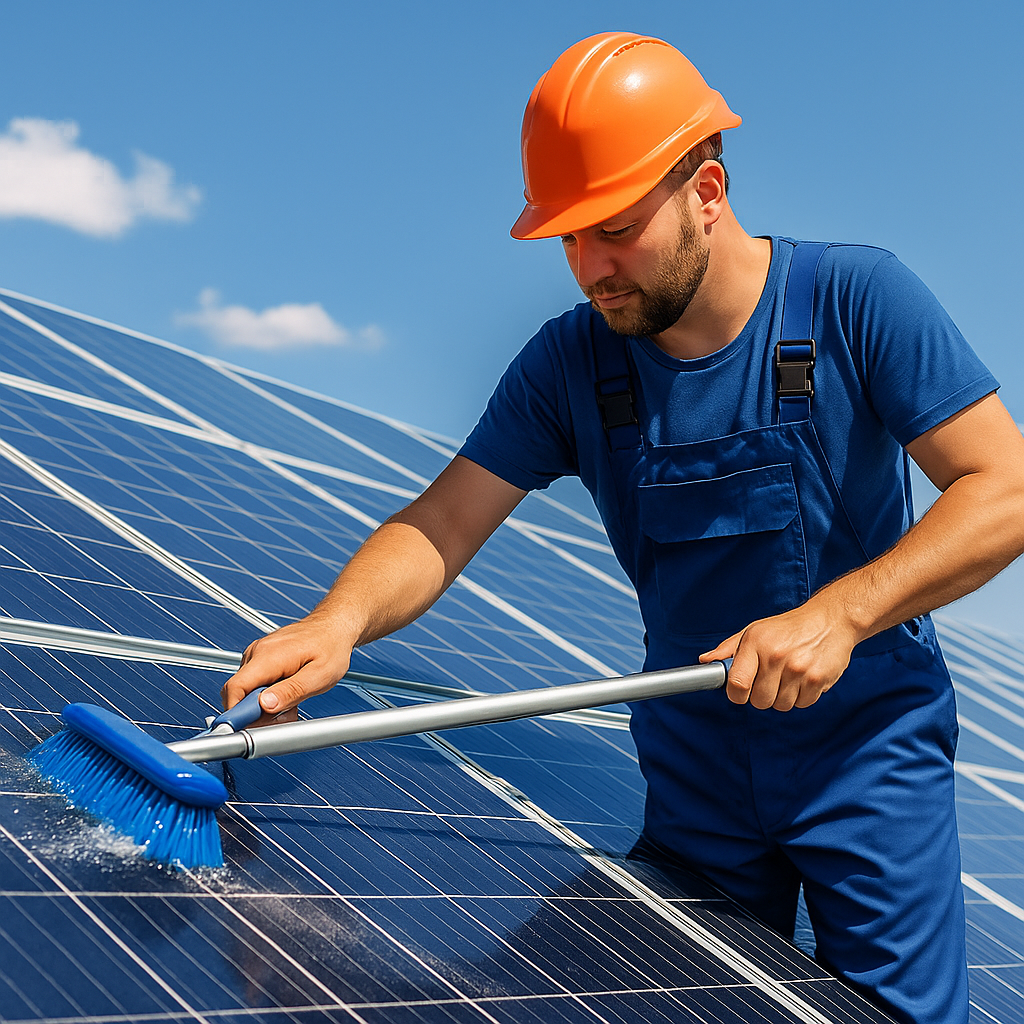 Man in blue overalls and orange hard hat cleaning solar panels with a long-handled brush.