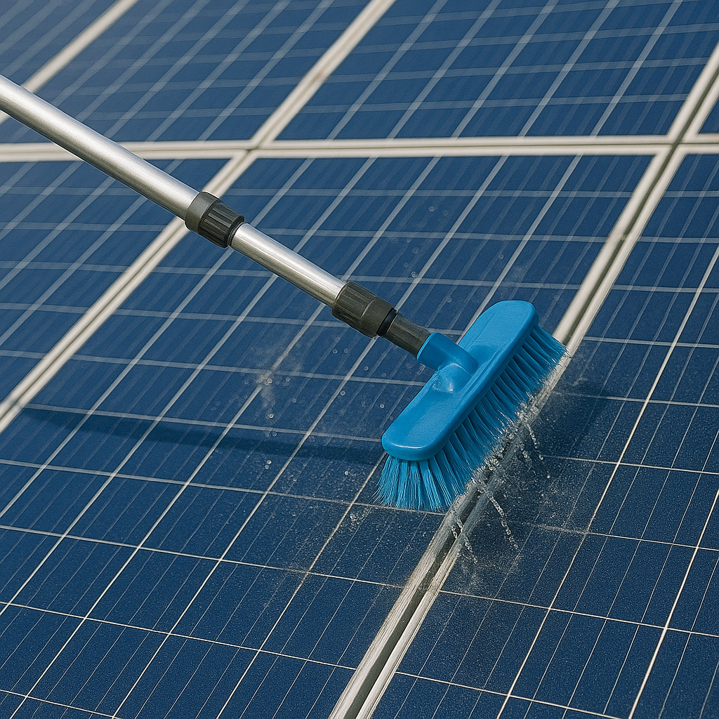 Cleaning solar panels with a long-handled brush, blue bristles, against a blue-squared panel surface.