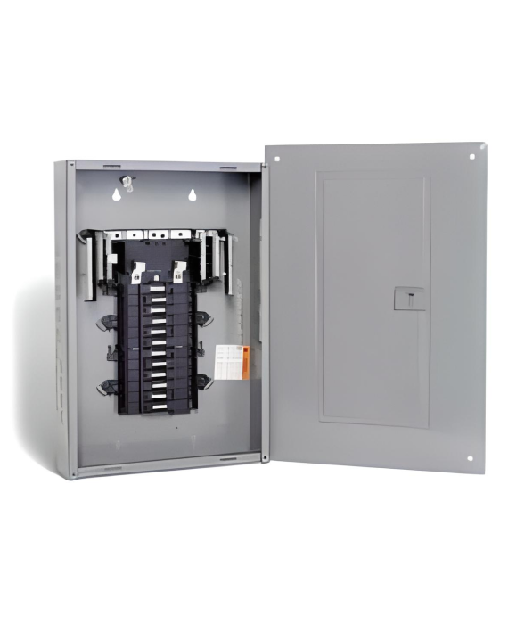 A gray electrical box with the door open on a white background.