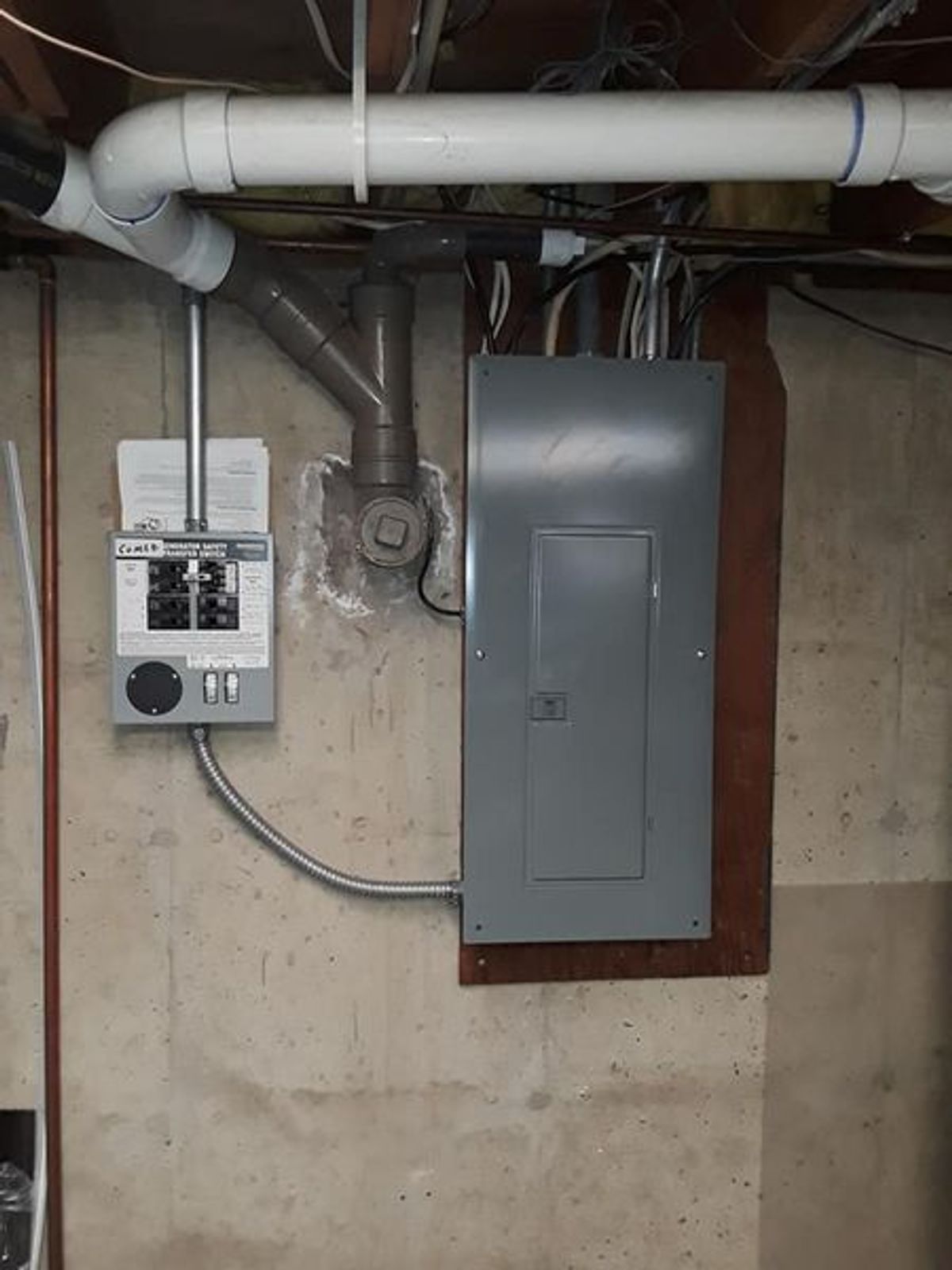 There is a electrical box on the wall in the basement.